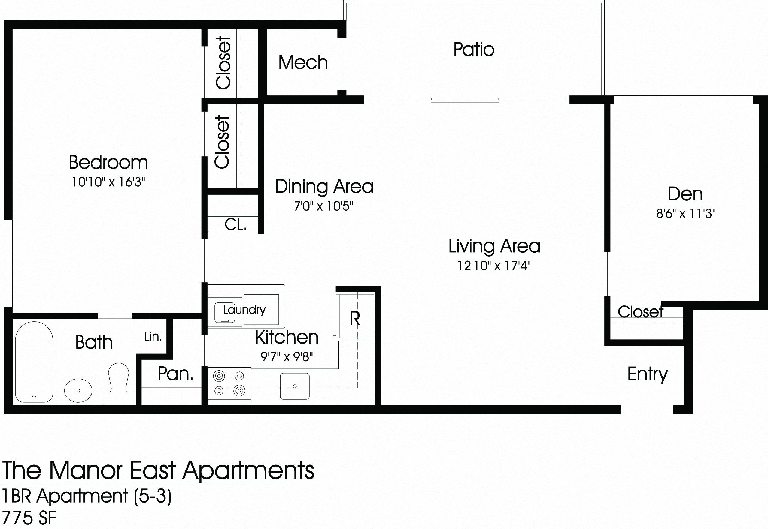 Floor plan for 1 bed, 1 bath, 775 sqft